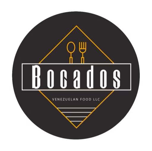 Bocados Venezuelan Food logo: a gold diamond and cutlery over a charcoal badge.